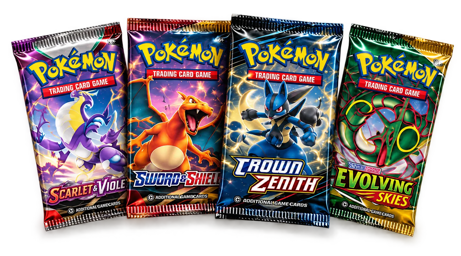 Four Pokémon booster packs laid side by side
